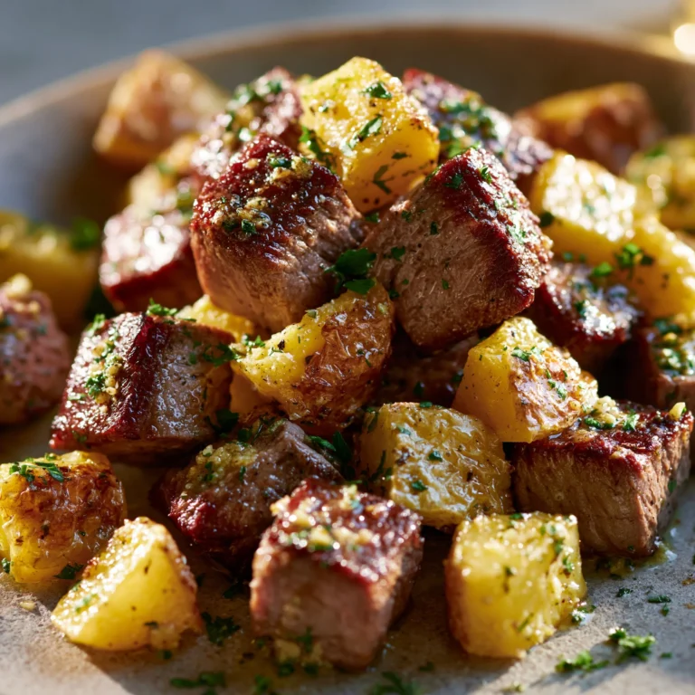 Plate of garlic steak bites served with seasoned potatoes