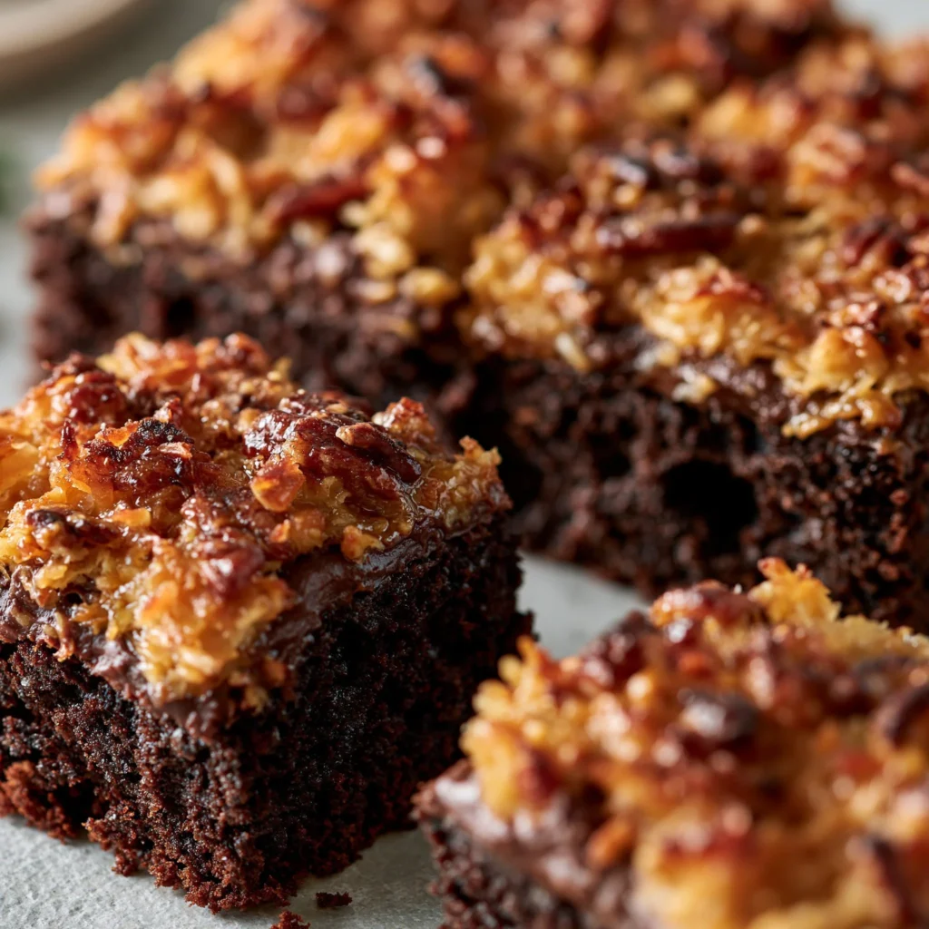 Decadent German Chocolate Poke Cake with coconut and pecan topping