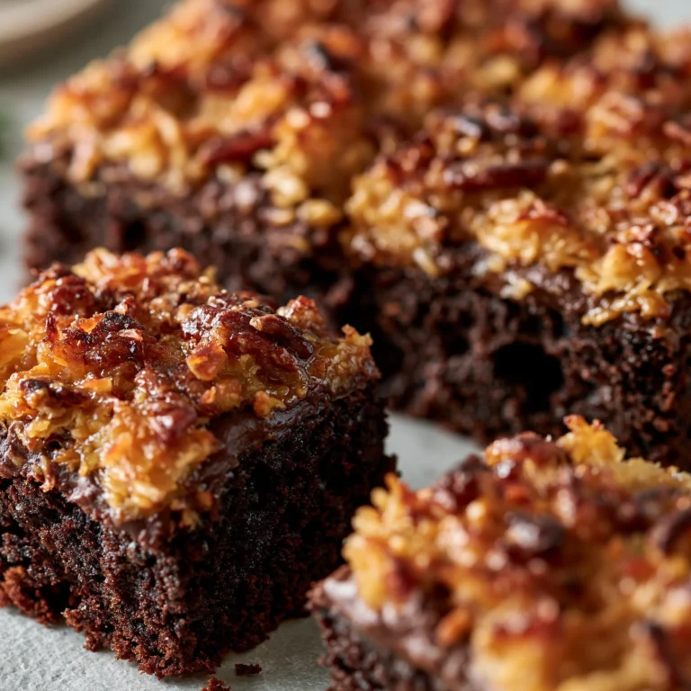Decadent German Chocolate Poke Cake with coconut and pecan topping