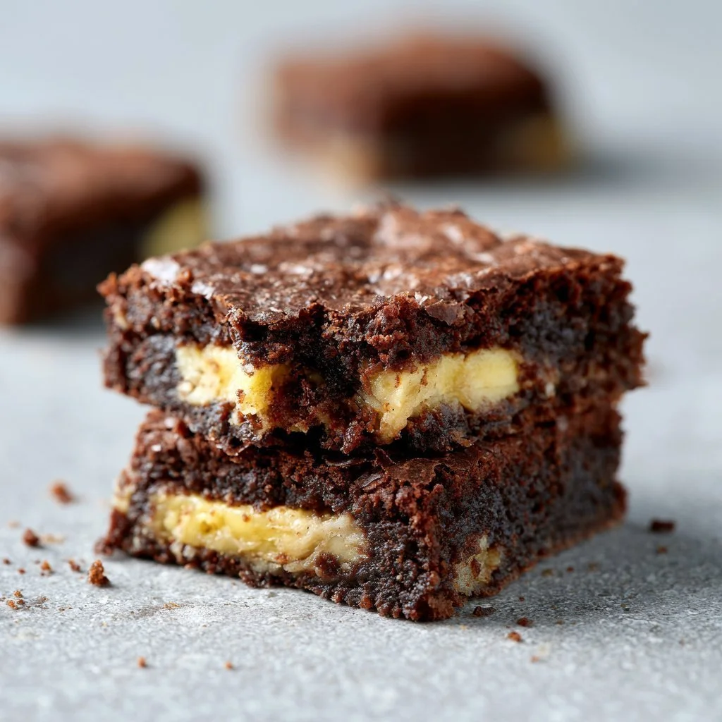 Delicious healthy banana brownies on a white plate topped with chocolate drizzle.