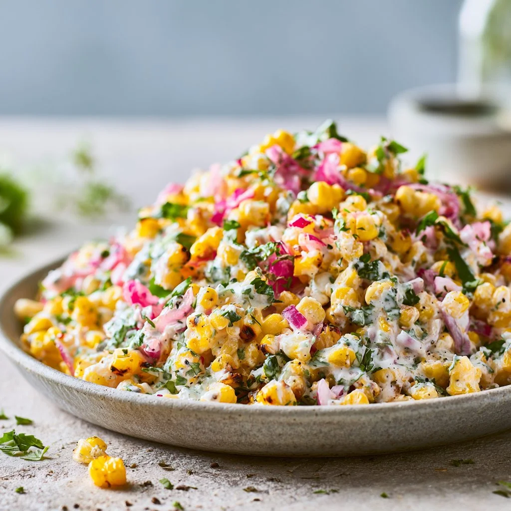 Healthy street corn salad with Greek yogurt and fresh ingredients