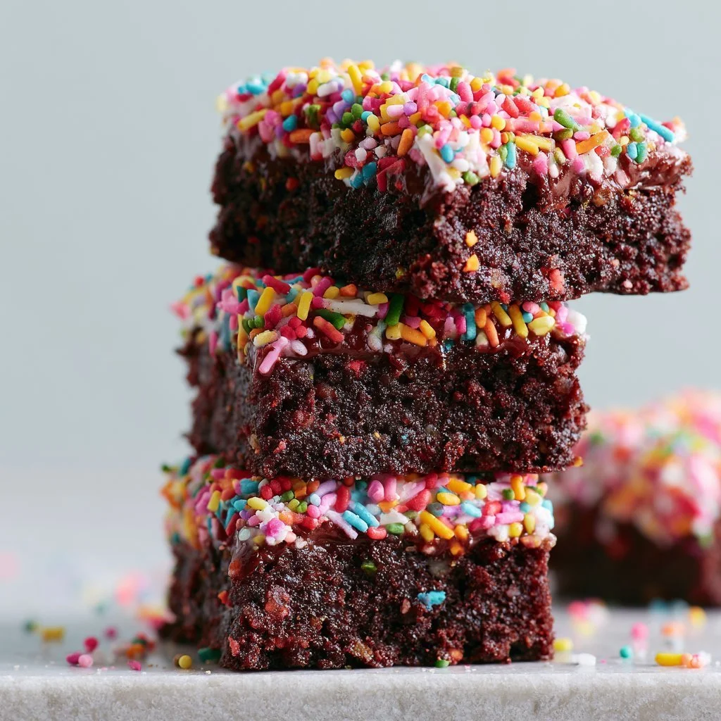 Delicious homemade cosmic brownies topped with colorful sprinkles.