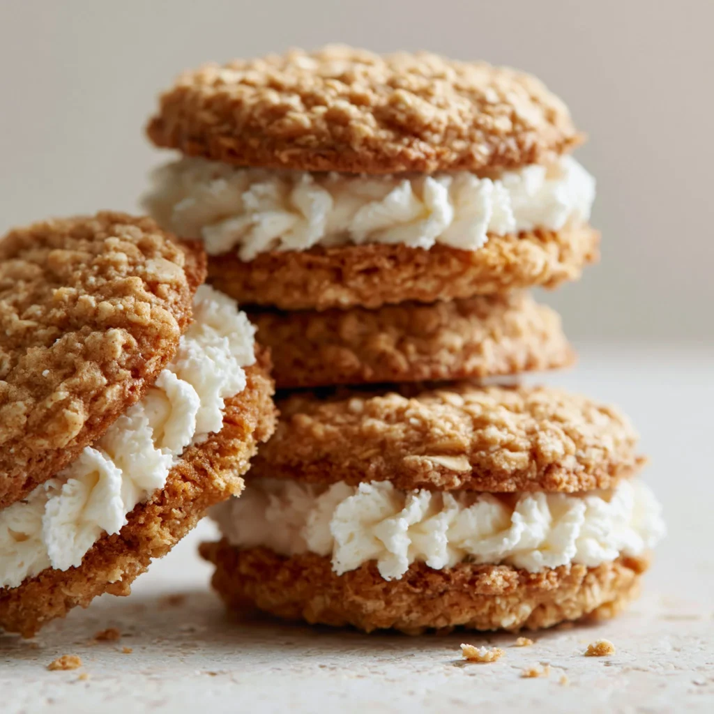 Delicious homemade oatmeal cream pies with creamy filling between soft cookies