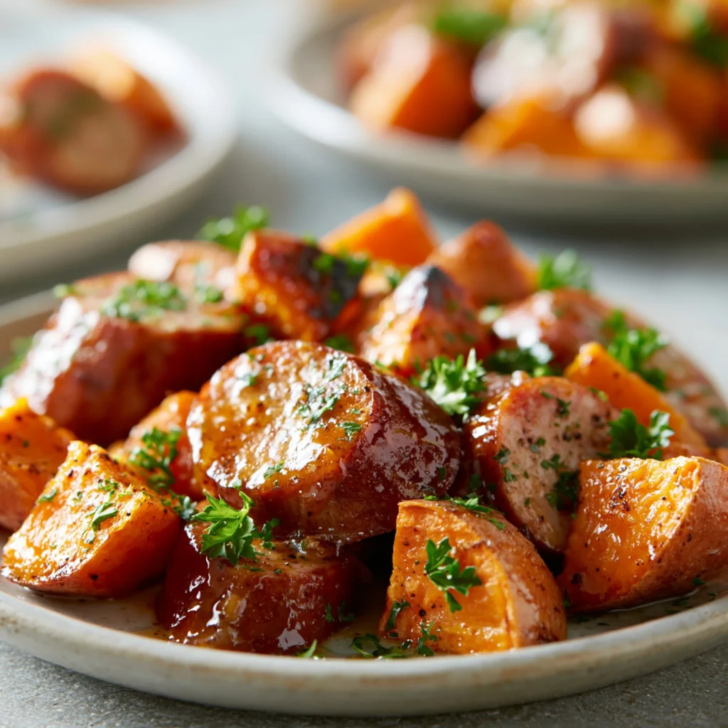 Honey Garlic Sausage served with roasted sweet potatoes in a savory dish