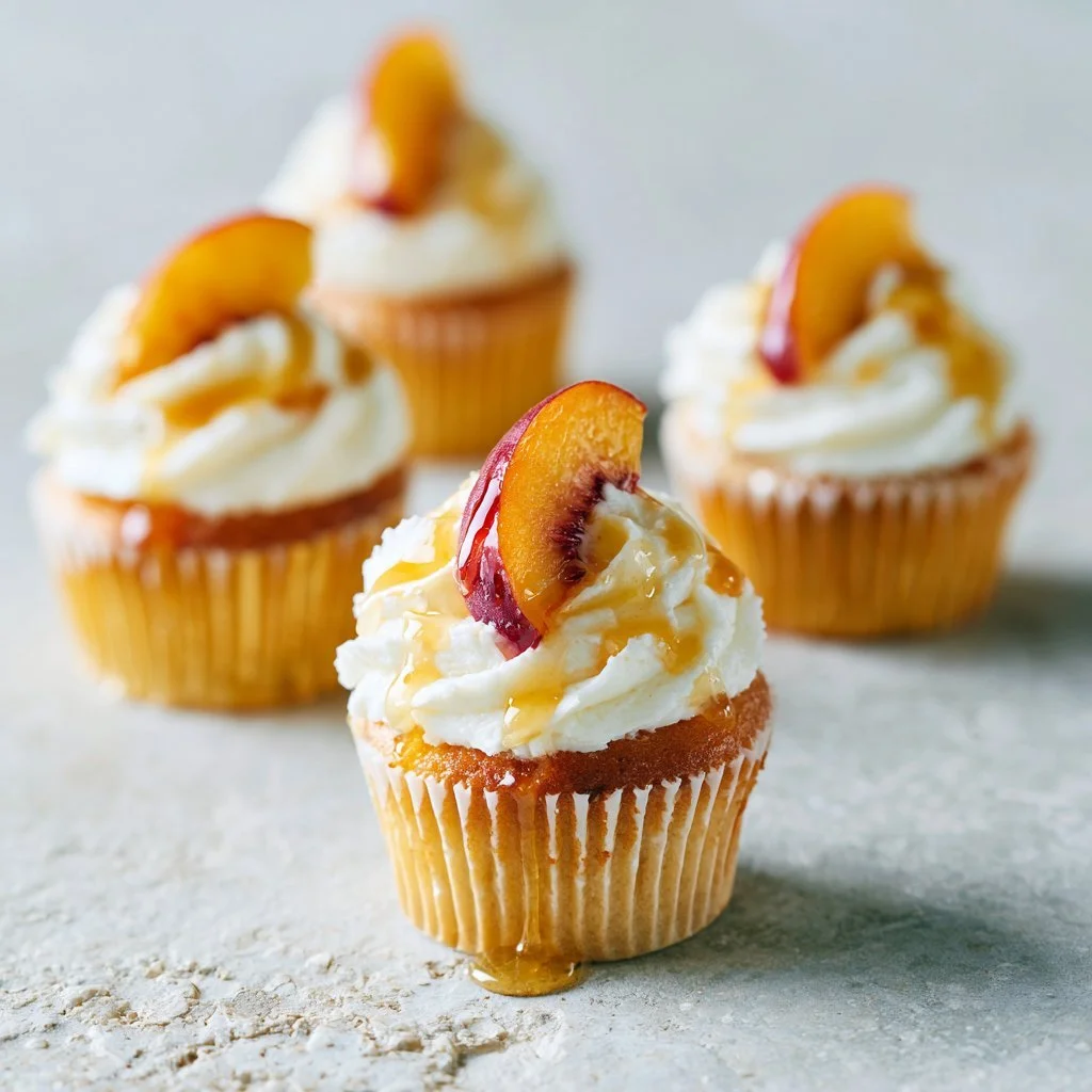 Honey peach cream cheese cupcakes topped with fresh peach slices and cream cheese frosting.