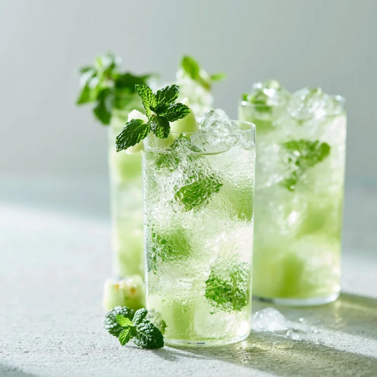 Glass of Honeydew Mint Iced Tea with mint leaves and honeydew slices