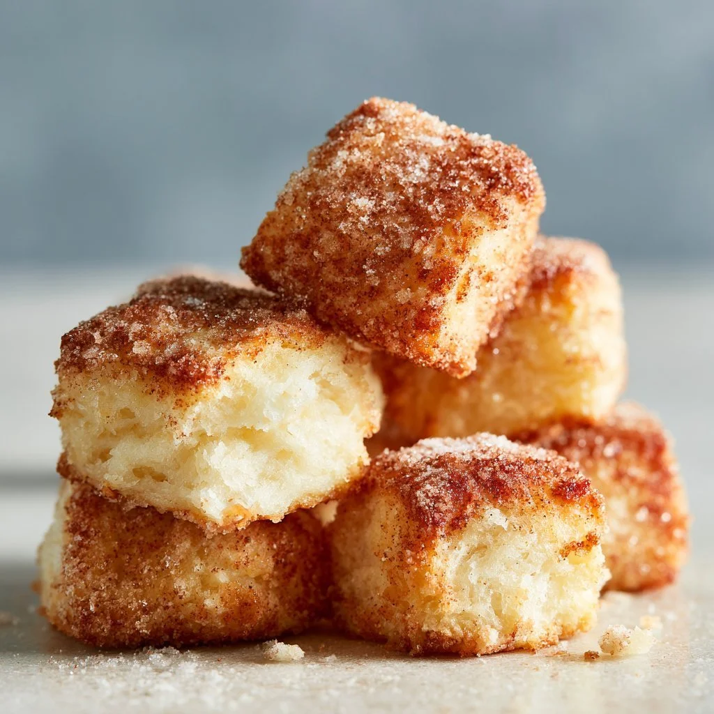 Freshly baked cinnamon sugar biscuit bites on a plate