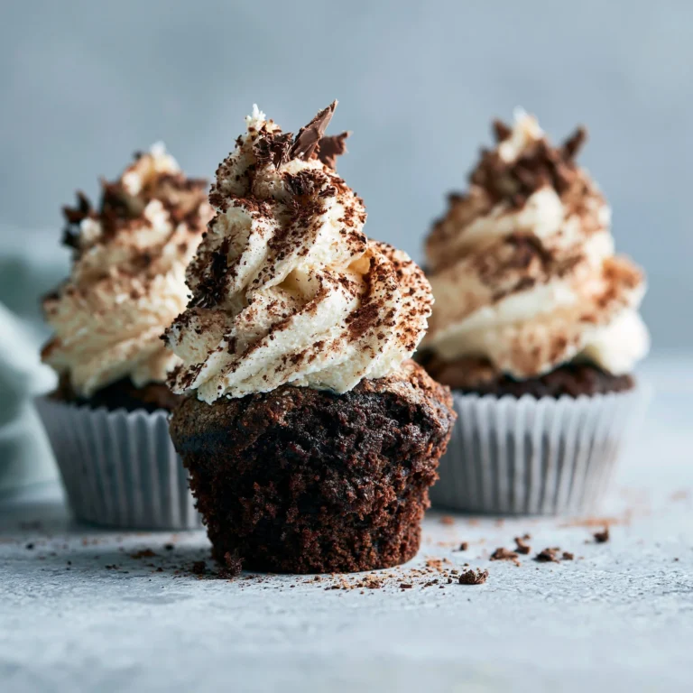 Decadent chocolate tiramisu cupcakes topped with cocoa and cream