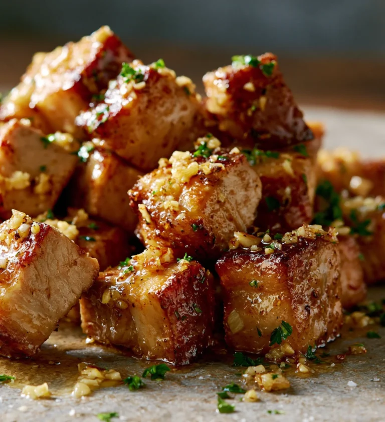 Delicious garlic pork bites served as appetizers on a platter