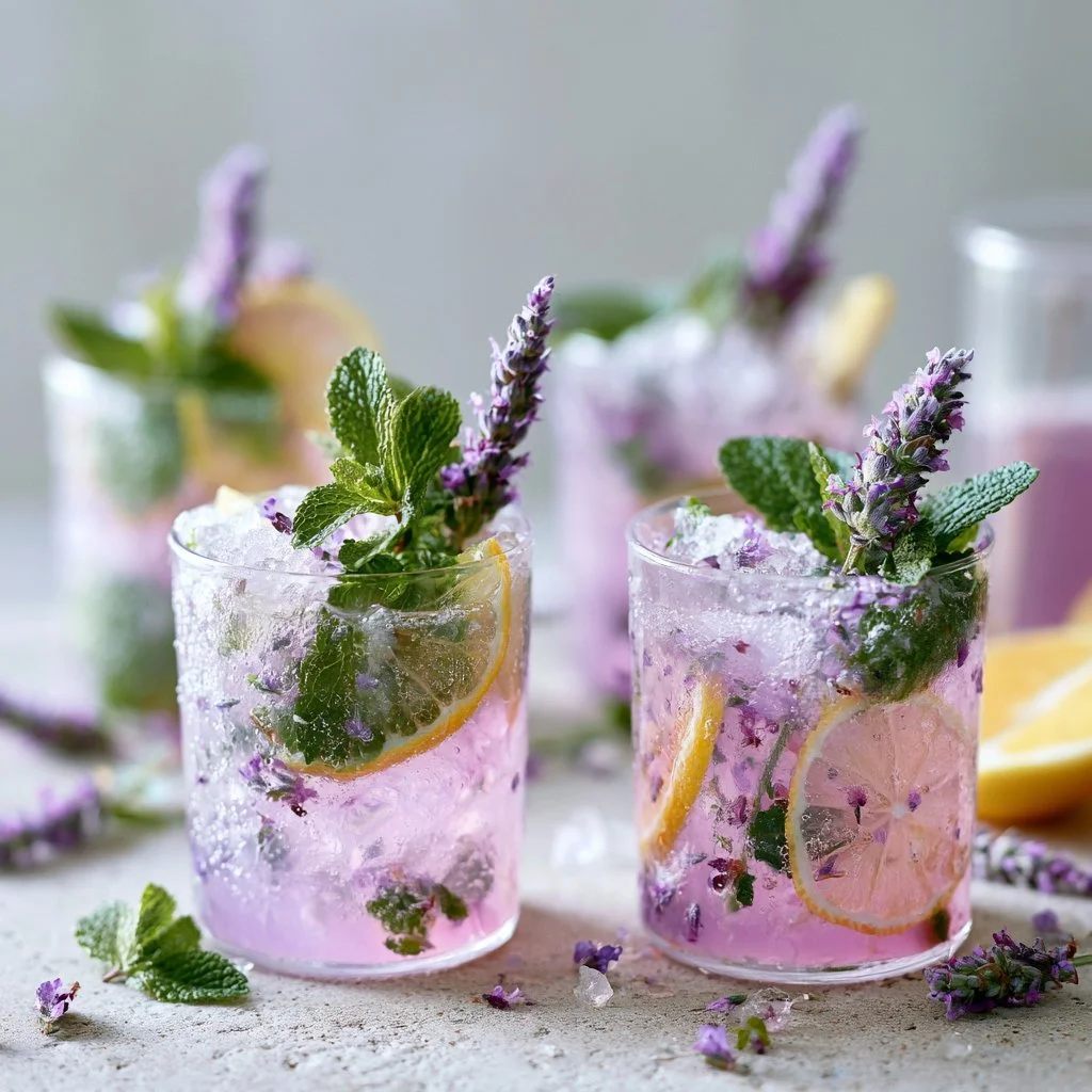 A refreshing lavender mojito mocktail served in a glass with mint and lavender decoration.