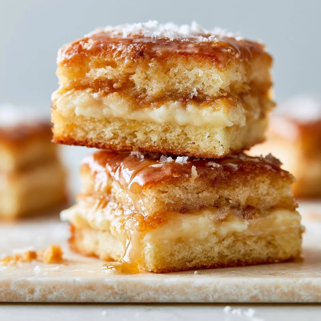 Homemade Maple Donut Bars drizzled with maple glaze on a wooden plate