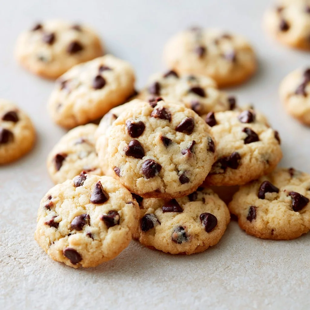 Freshly baked mini chocolate chip cookies on a cooling rack