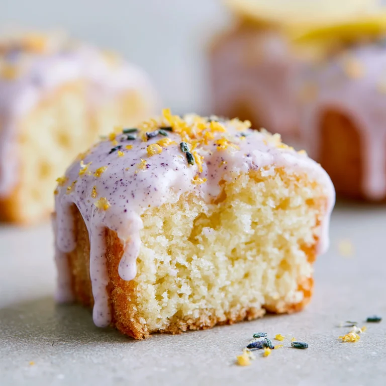 Mini lemon cakes topped with lavender glaze on a decorative plate