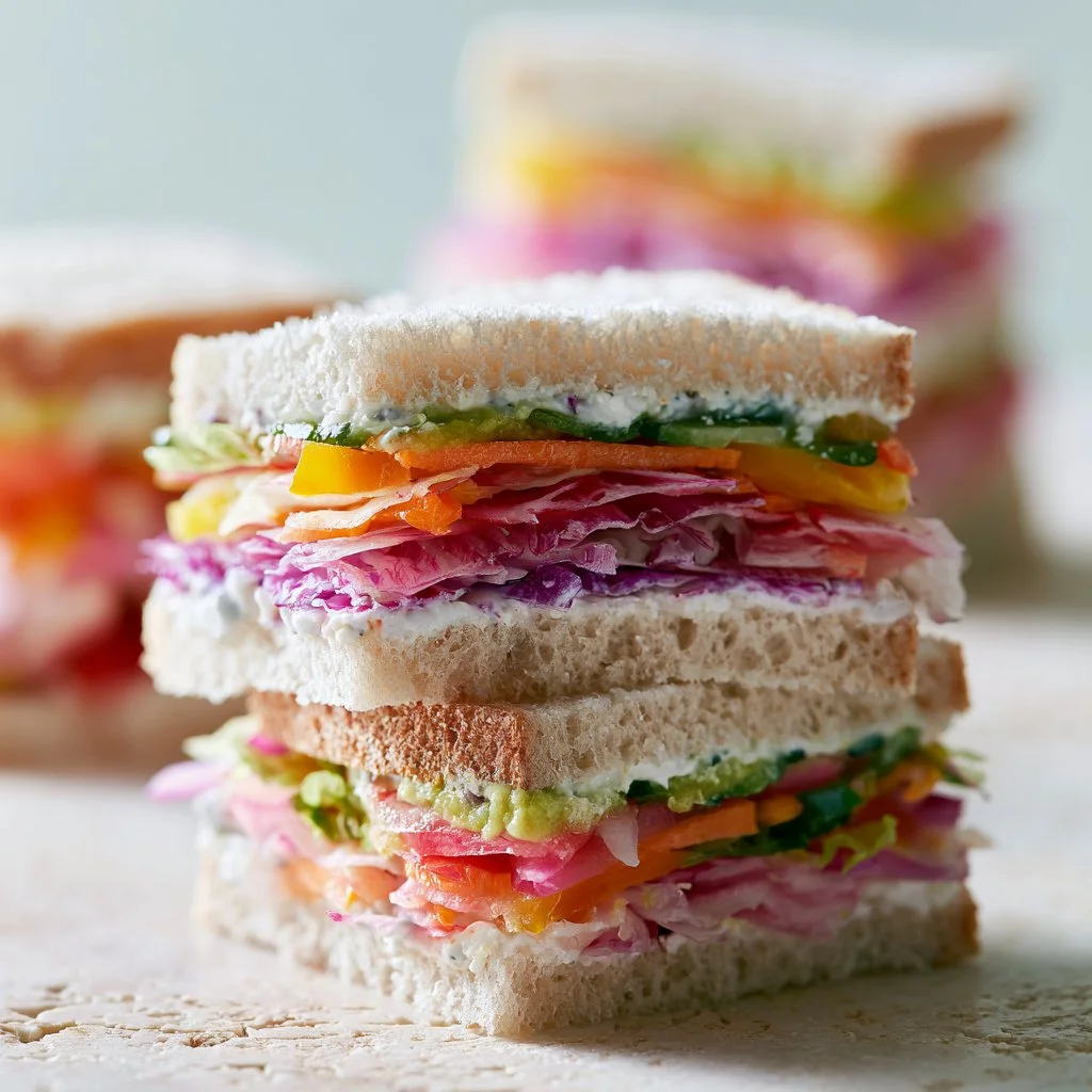 Assortment of colorful mini sandwiches on a platter for parties