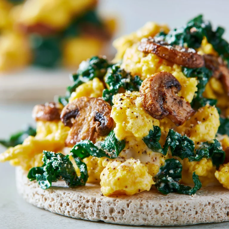 Mushroom Spinach Scrambled Eggs served on a white plate