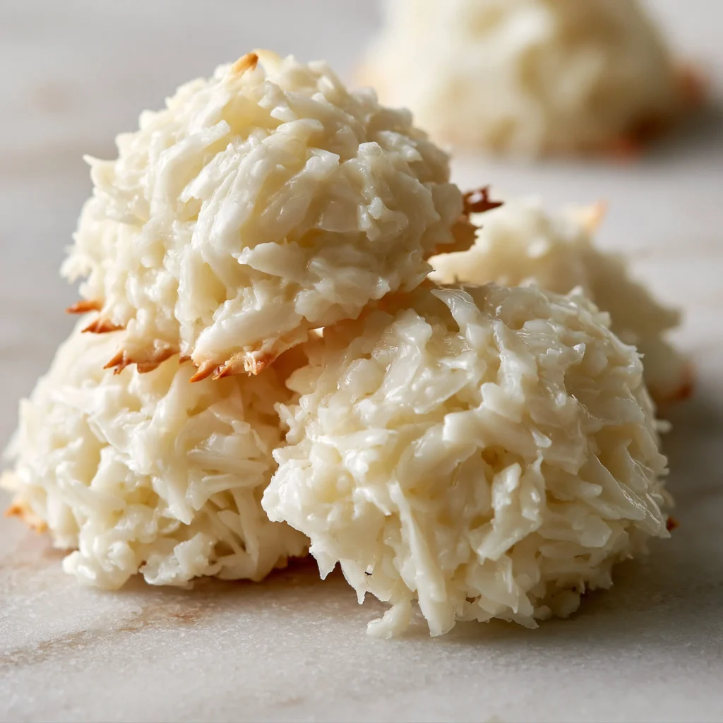 No-bake coconut cookies made with shredded coconut and held together with a sweet syrup.