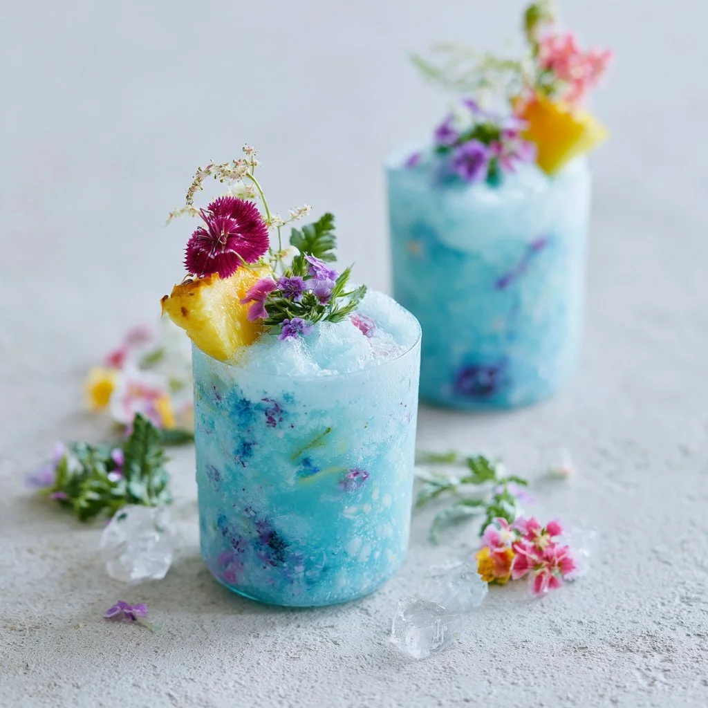 Refreshing Ocean Love Colada cocktail served with a tropical garnish.
