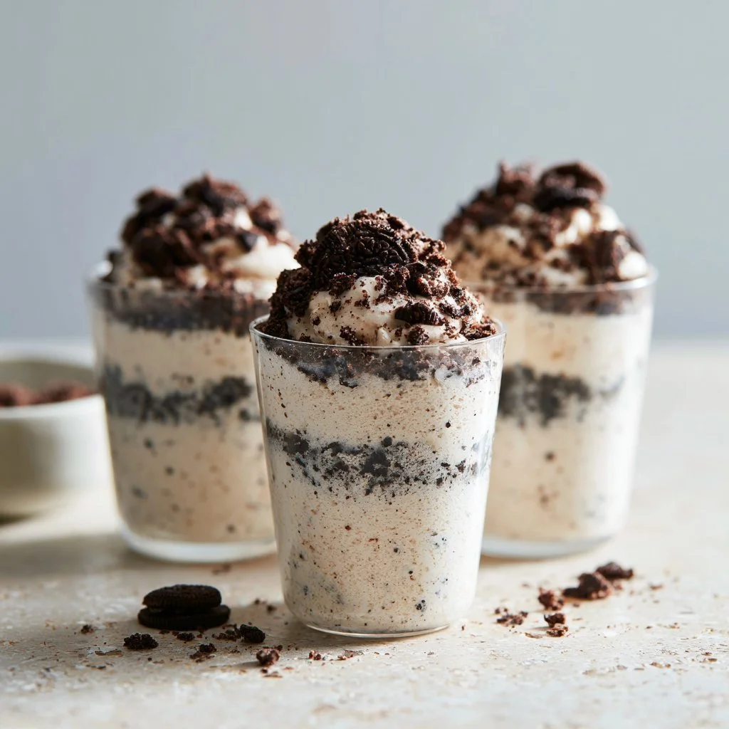 Delicious Oreo Mousse dessert in a glass with crushed Oreos on top