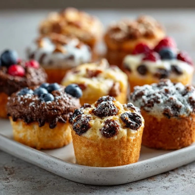 Six delicious flavors of pancake muffins arranged on a plate.