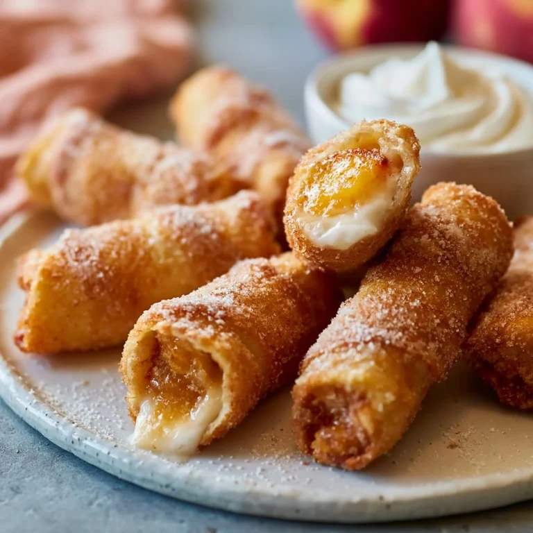 Delicious peach cobbler egg rolls served on a plate with cinnamon sugar sprinkle