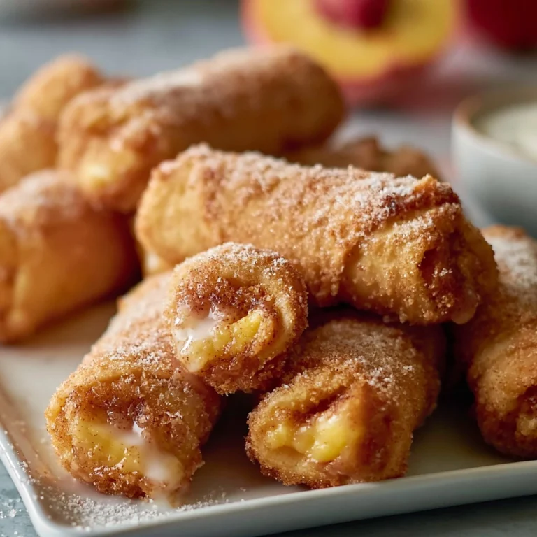 Delicious Peach Cobbler Egg Rolls on a plate with a scoop of vanilla ice cream