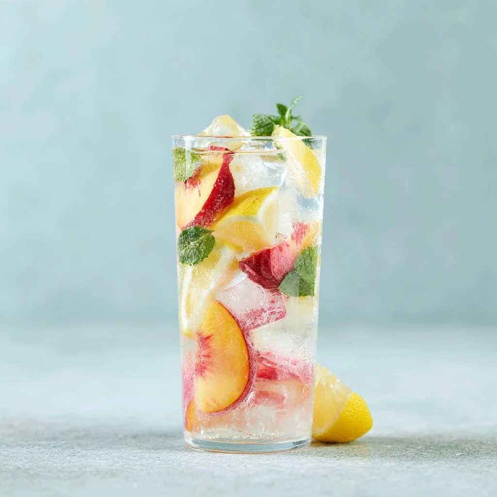 A refreshing glass of peach lemonade garnished with fresh peaches and lemon slices.