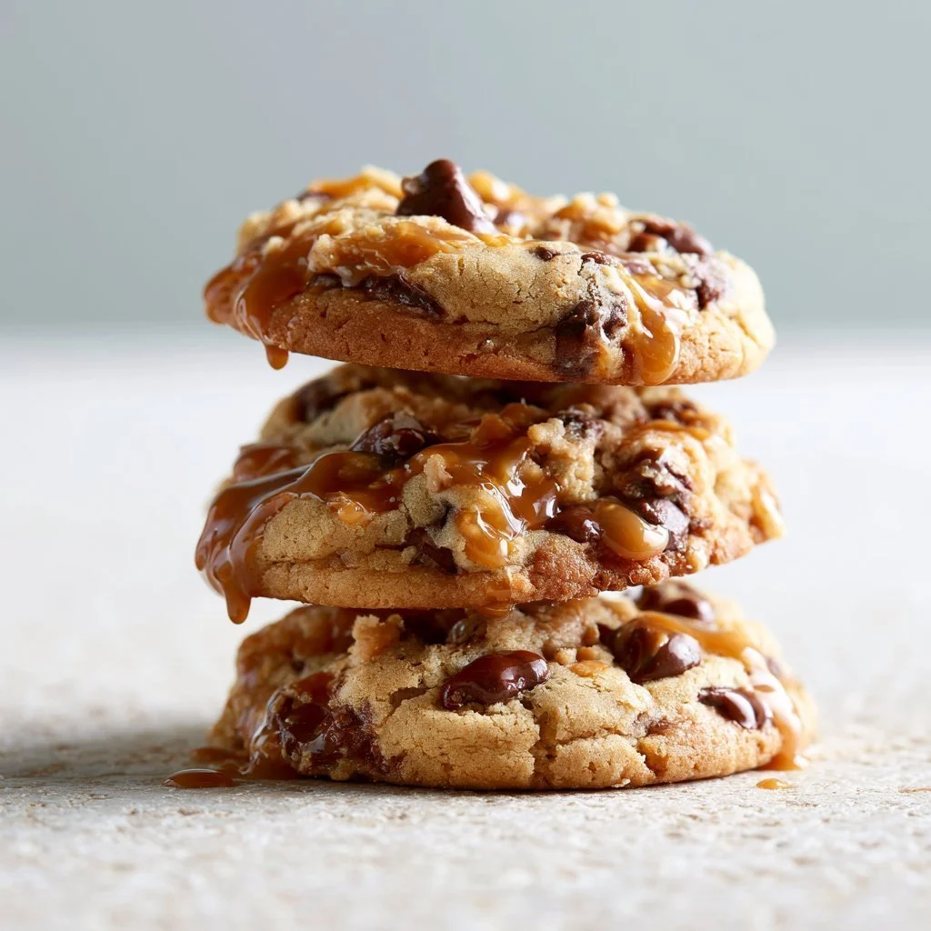 Delicious Peanut Butter Chocolate Caramel Cookies stacked on a plate