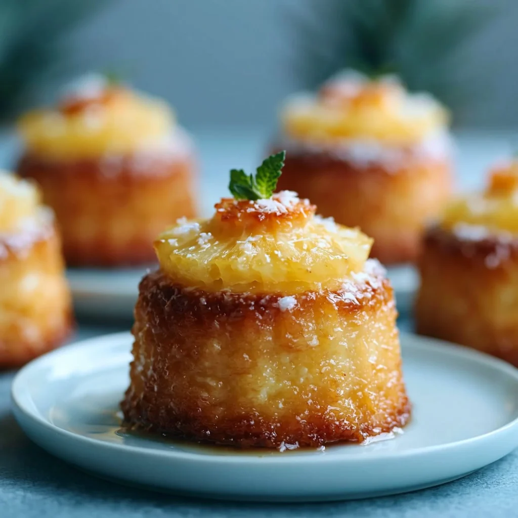 Pineapple Mascarpone Upside-Down Mini Cakes served on a white plate