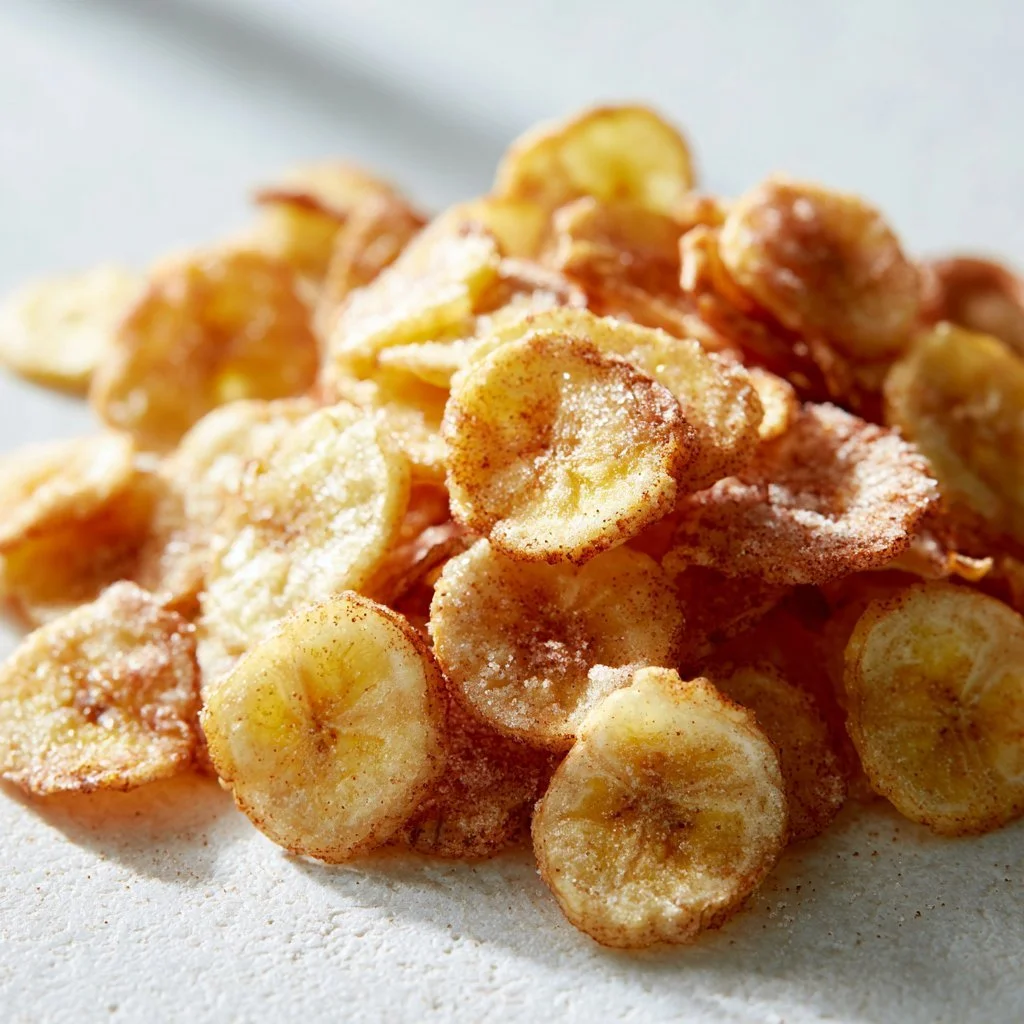 Delicious cinnamon-sugar air fryer banana chips in a bowl.