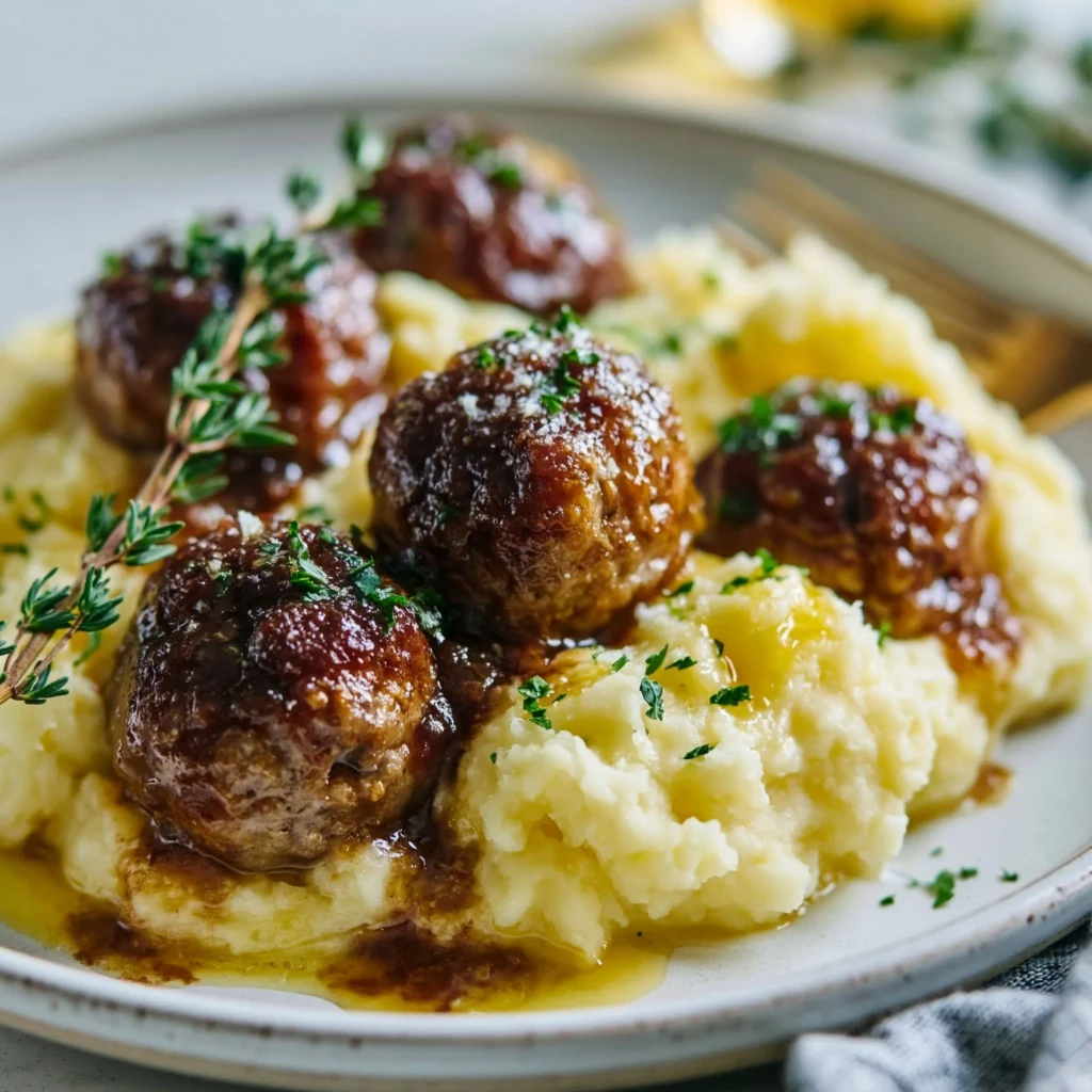 Salisbury steak meatballs with garlic herb mashed potatoes on a plate