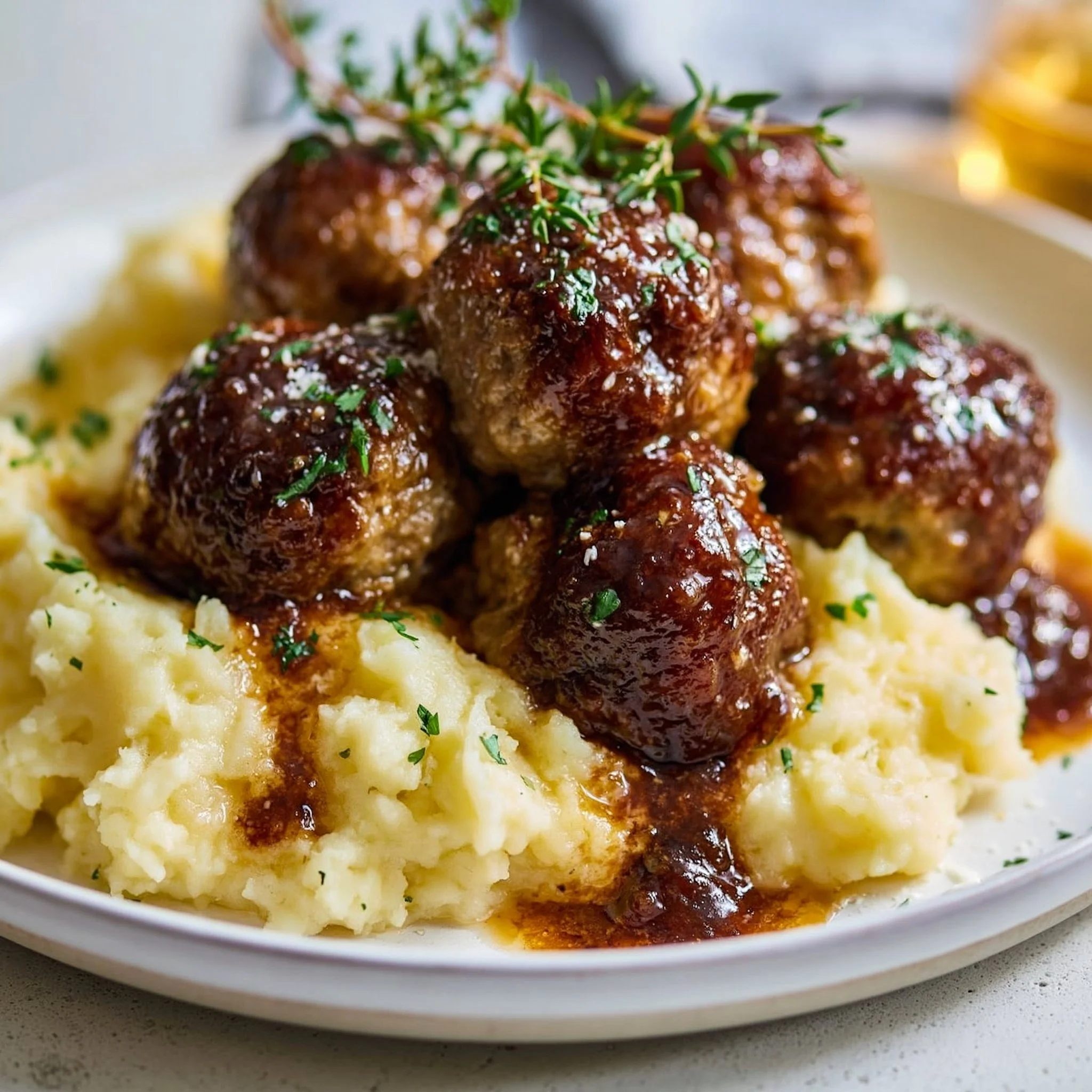 Salisbury Steak Meatballs with Garlic Herb Mashed Potatoes