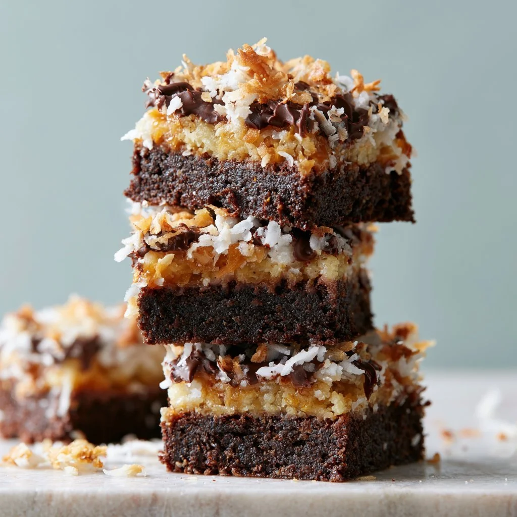 Delicious Samoa brownies topped with caramel and coconut flakes