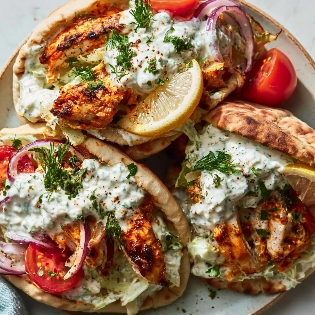 Sheet pan chicken pitas with herby ranch served on a plate