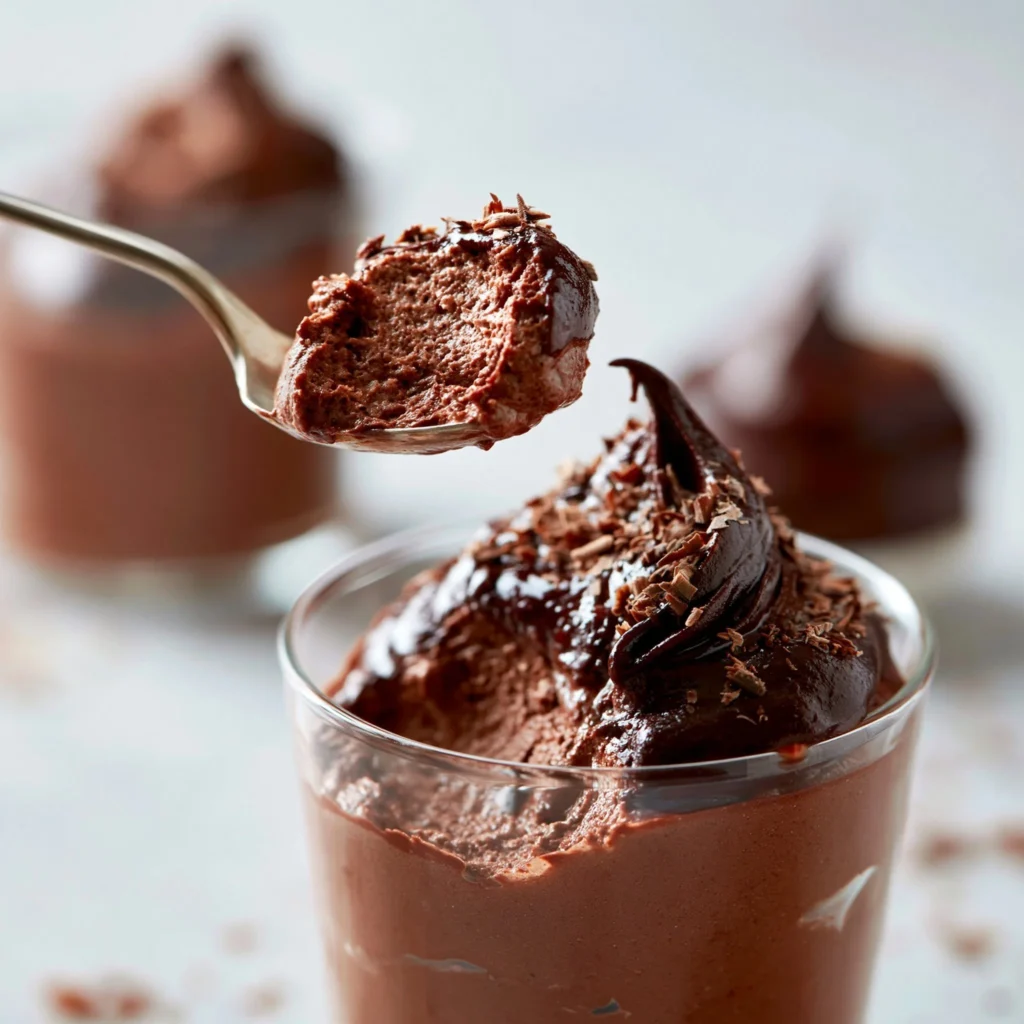 Silky smooth chocolate mousse dessert in a glass with chocolate shavings