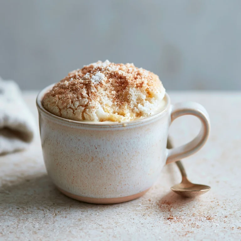 Delicious snickerdoodle mug cake topped with cinnamon sugar in a mug