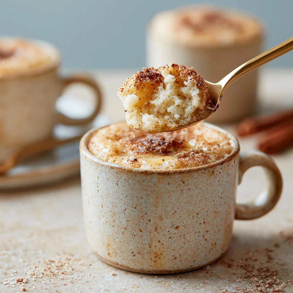 Delicious snickerdoodle mug cake topped with cinnamon sugar