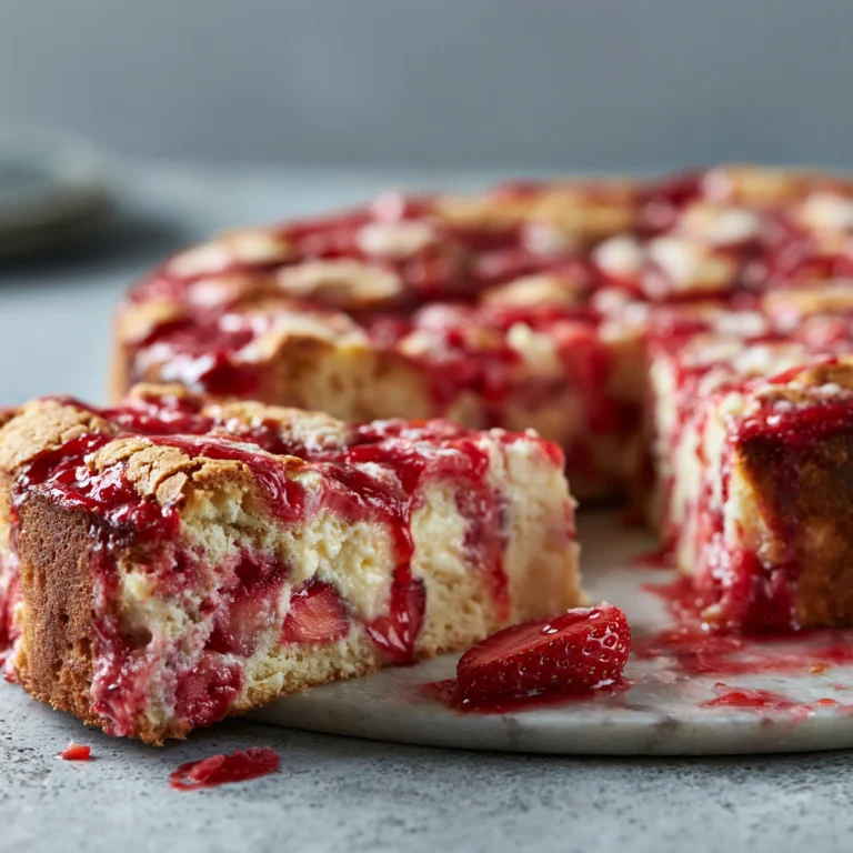 A slice of Strawberry Earthquake Cake topped with fresh strawberries and cream cheese frosting.