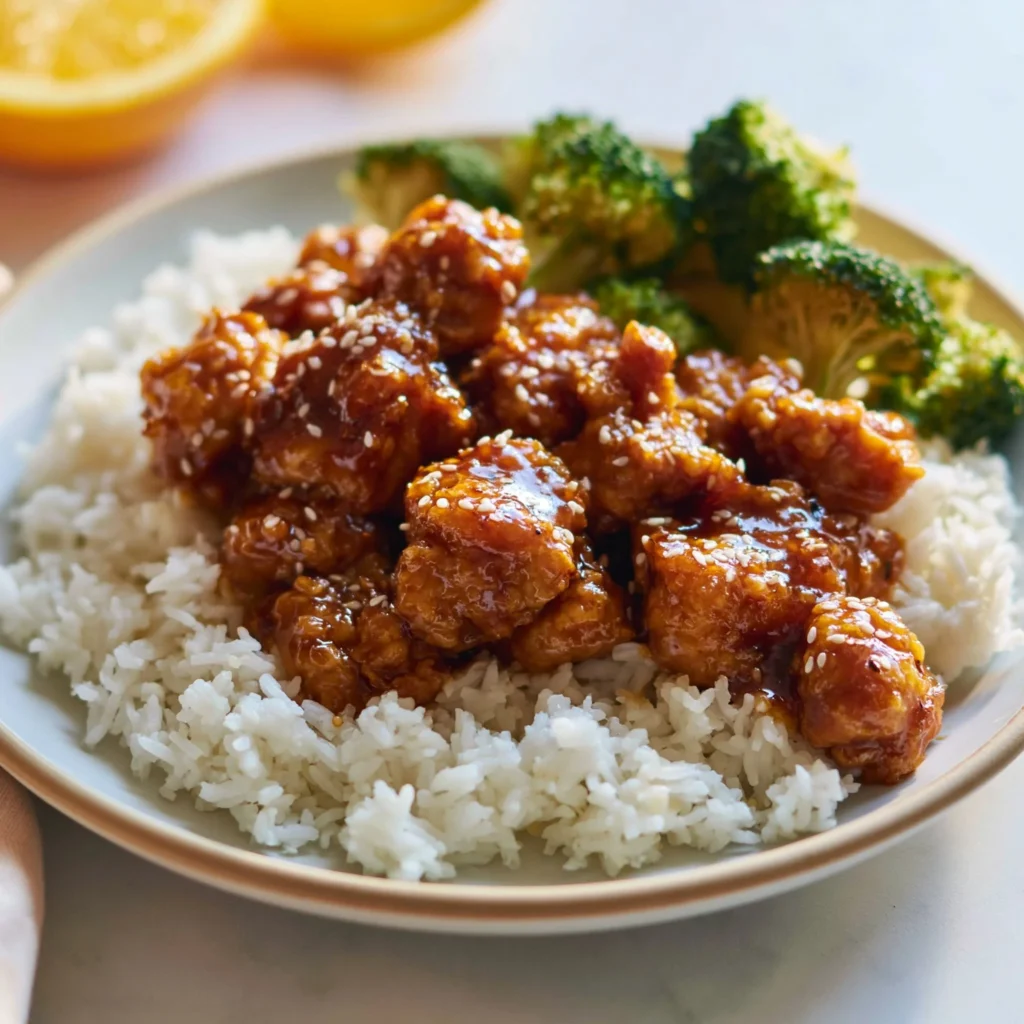 Plate of super easy orange chicken garnished with green onions