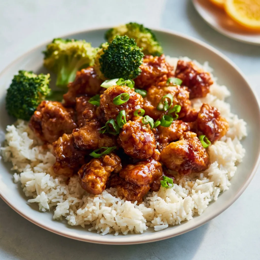 Delicious plate of super easy orange chicken garnished with green onions.
