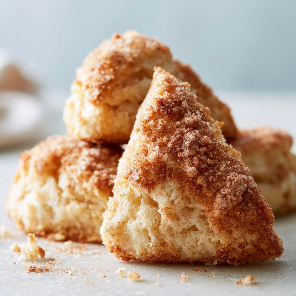 Freshly baked warm cinnamon scones on a wooden table