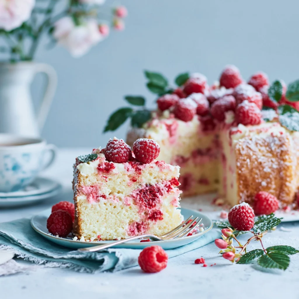 Delicious White Chocolate Raspberry Cake with fresh raspberries and white chocolate ganache.