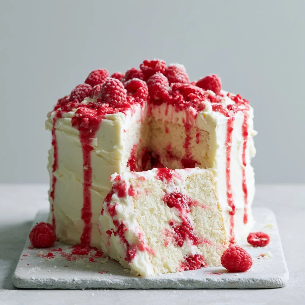 Delicious White Chocolate Raspberry Cake with creamy frosting and fresh raspberries